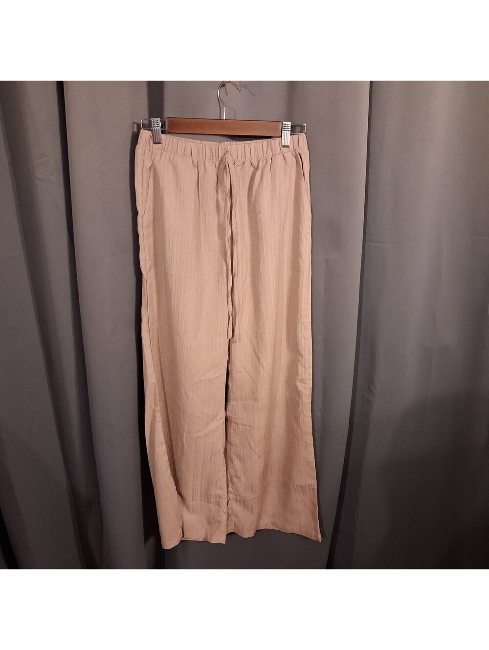 Light Brown Wide Leg Pants with Drawstring Waist, Size M